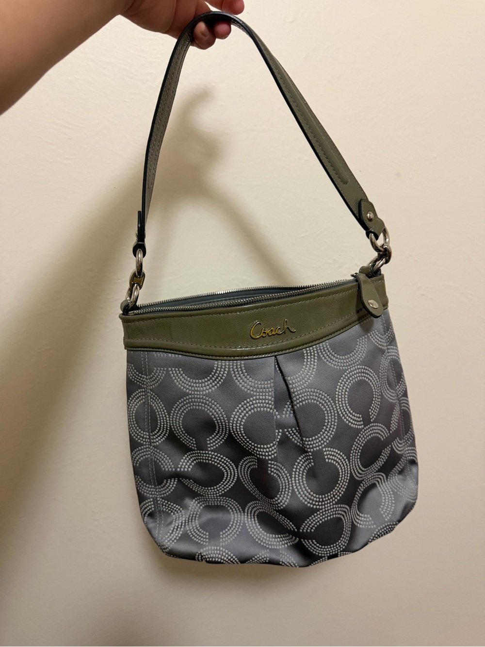 Coach logo gray sateen-olive trim shoulder bag "Ashley" Y2K era